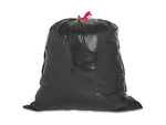 Full black trash bag tied with a red drawstring on a white background
