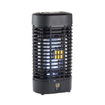 Black cylindrical Black Flag electric bug zapper with protective grille and glowing UV bulb visible inside