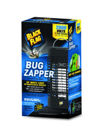 Tapered retail packaging box for Black Flag bug zapper featuring large product photo, brand logo and 'Bug Zapper' headline