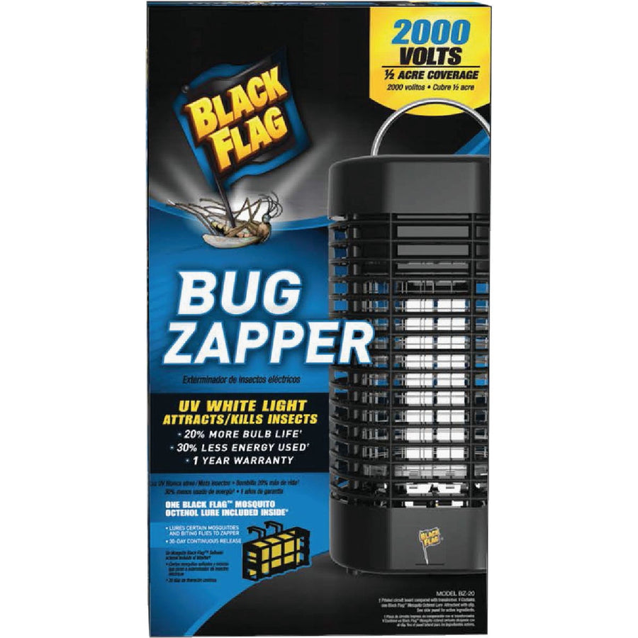 Retail box for Black Flag bug zapper showing product image, brand logo and 'Bug Zapper' text with feature callouts