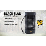 Black Flag bug zapper plugged in on a textured background with text callouts listing 2000 volt and coverage features