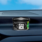 Black Ice fiber can styled on a car dashboard against a blue sky background