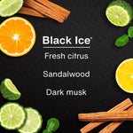 Stylized ingredient/ scent graphic listing 'Black Ice' with citrus, sandalwood and dark musk visuals on black background.