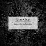 Graphic panel with textured black ice background and centered text reading Black Ice with a short fragrance description