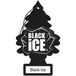 Close-up of a black Little Trees Black Ice tree-shaped air freshener with printed Black Ice logo and hanging string