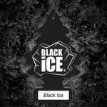 Close-up of a black Little Trees Black Ice tree air freshener against a textured dark icy background.