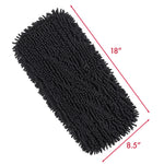 Black chenille microfiber mop refill shown with red dimension arrows indicating 18 by 8.5 inches