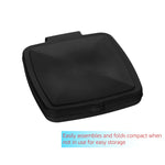 Close-up of the black plastic lid for a collapsible trash bag holder, shown on white background