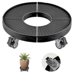 Round black adjustable plastic dolly with four swivel casters and textured surface, shown assembled