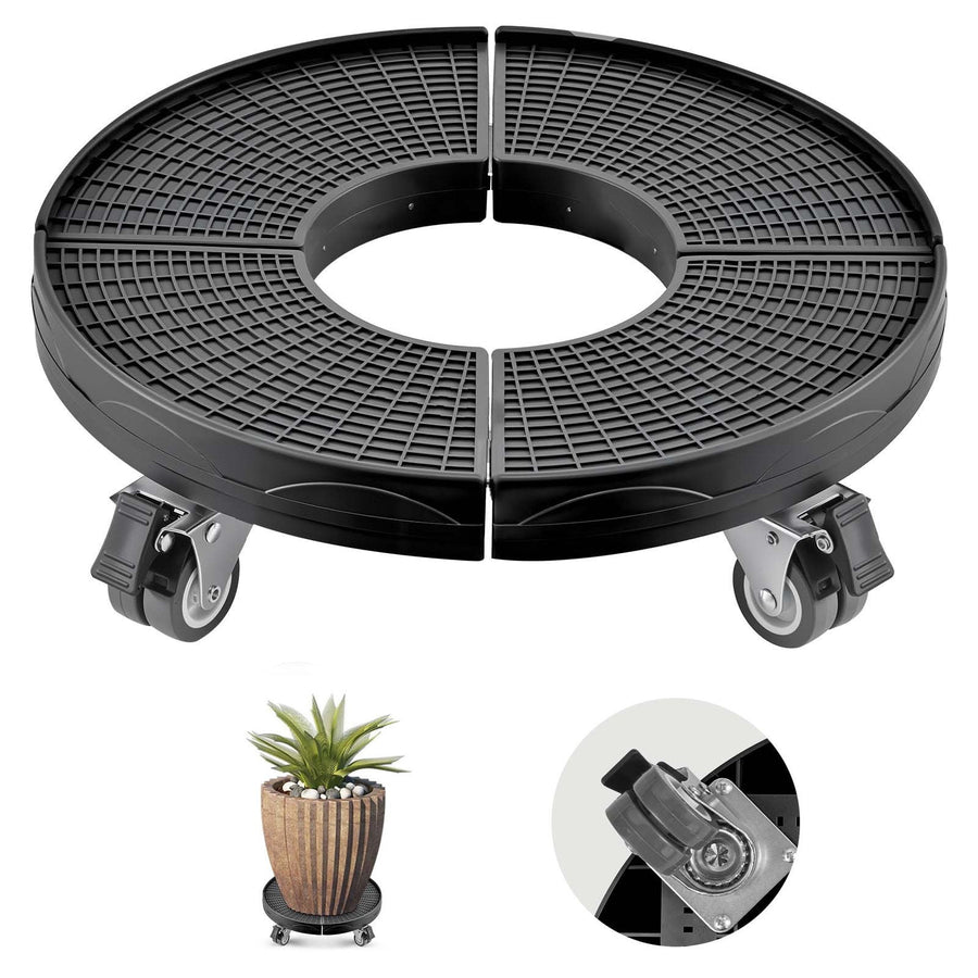 Round black adjustable plastic dolly with four swivel casters and textured surface, shown assembled