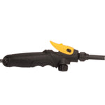 Close-up of a black sprayer handle with a yellow trigger and hose connection, ergonomic grip visible.