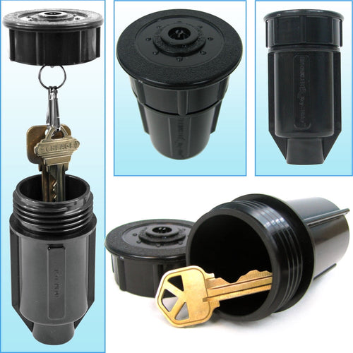 Composite layout showing a black plastic sprinkler-head style key hide with screw-off cap and keys inside