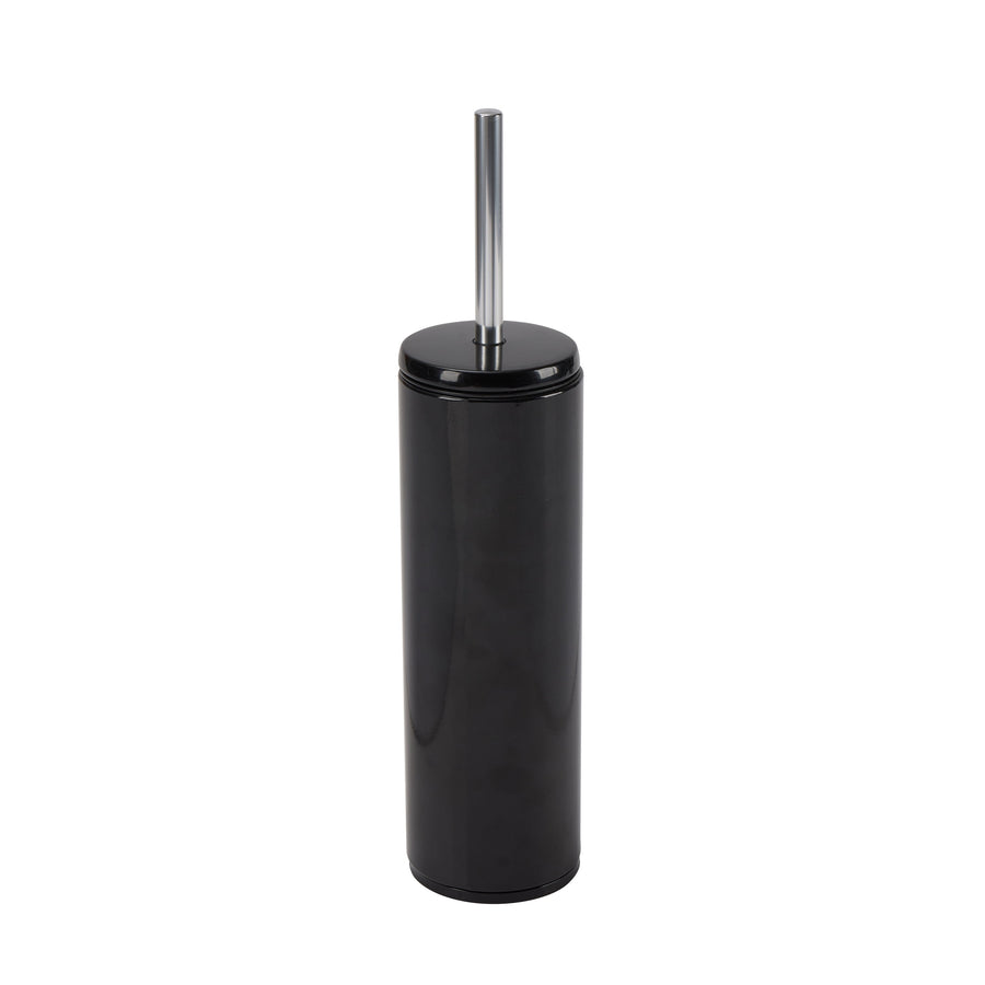 Tall cylindrical black toilet brush holder with a stainless steel handle upright.