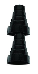 Black stepped pool hose conversion adapter with multiple barbed diameters on a white background