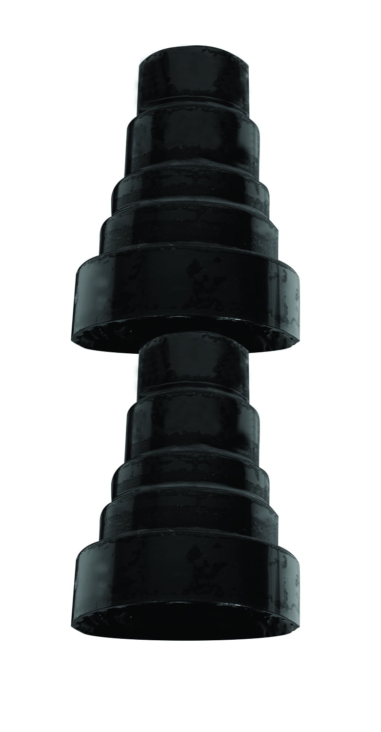 Black stepped pool hose conversion adapter with multiple barbed diameters on a white background