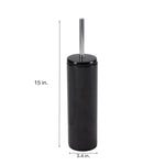 Black cylindrical toilet brush holder with stainless handle and dimension callouts showing 15 in. height.