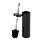 Black toilet brush removed from its cylindrical holder showing black bristled head and stainless handle.