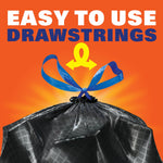 Close-up of a tied black trash bag with bright blue drawstring and text 'Easy to Use Drawstrings' above
