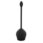 Standalone black tulip-shaped toilet brush with long handle and rounded top on white background