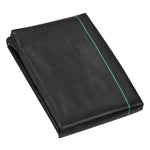 Folded black woven polypropylene weed barrier fabric with a visible turquoise guide line on plain background