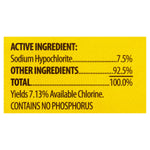 Close-up label panel listing active ingredient sodium hypochlorite 7.5% and other ingredient percentages on yellow background