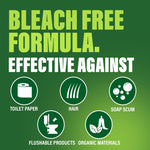 Graphic panel stating bleach free formula with icons for toilet paper, hair, soap and organic materials