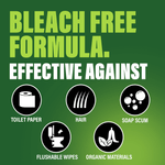 Graphic panel reading ‘Bleach Free Formula. Effective Against’ with icons for hair, soap and wipes