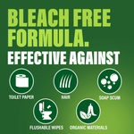 Graphic panel reading 'BLEACH FREE FORMULA. EFFECTIVE AGAINST' with icons for toilet paper, hair and soap