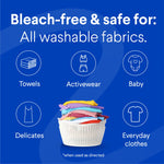Graphic stating 'Bleach-free & safe for all washable fabrics' with icons for towels, activewear, baby, delicates