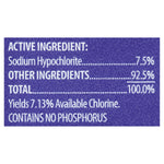 Close-up ingredient panel listing active ingredient sodium hypochlorite and other ingredient percentages.