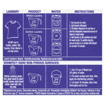 Instruction panel showing laundry and hard surface disinfecting directions with icons and measuring cup graphics.