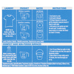 Blue infographic panel with laundry and disinfecting instructions and icons for measuring and washing