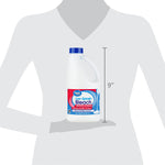 Graphic with silhouette holding a Great Value Low-Splash Bleach jug and a 9-inch height measurement