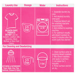 Close-up pink instruction panel showing laundry and cleaning dosage icons and usage instructions