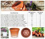 Bloem branded info graphic showing terra planter size table, soil capacity chart and pot illustrations.
