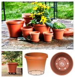 Outdoor lifestyle image of several terra cotta Bloem pots with plants and diagrams of pot base and drainage holes.