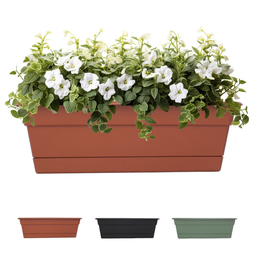 Terracotta rectangular plastic window box planter filled with white flowering plants