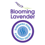 Graphic text 'Blooming Lavender' with lavender sprig and circular badge reading 'Eliminates Tough Everyday Odors'.