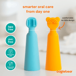 Pair of blue and orange silicone finger tools standing upright with icons indicating BPA-free, PVC-free, dishwasher safe, and food-grade silicone.