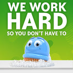 Blue smiling brush mascot surrounded by soap foam with headline "We work hard so you don't have to"