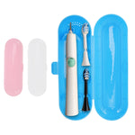 Open blue toothbrush travel case with an electric toothbrush handle and two brush heads, shown alongside pink and white case options.