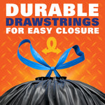 Close-up graphic of a blue drawstring tied in a bow above a shiny black trash bag on an orange patterned background