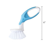 Side view of a blue and white handheld scrub brush with ergonomic loop handle and a 6-inch height callout on white background