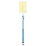 Front view of a blue extendable duster with yellow fluffy duster head on white background