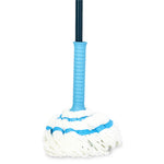 Close-up of a blue-handled mop showing ribbed grip and white microfiber twist mop head with blue accents