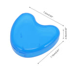 Translucent blue heart-shaped retainer case shown closed with printed dimensional arrows indicating length and height measurements.
