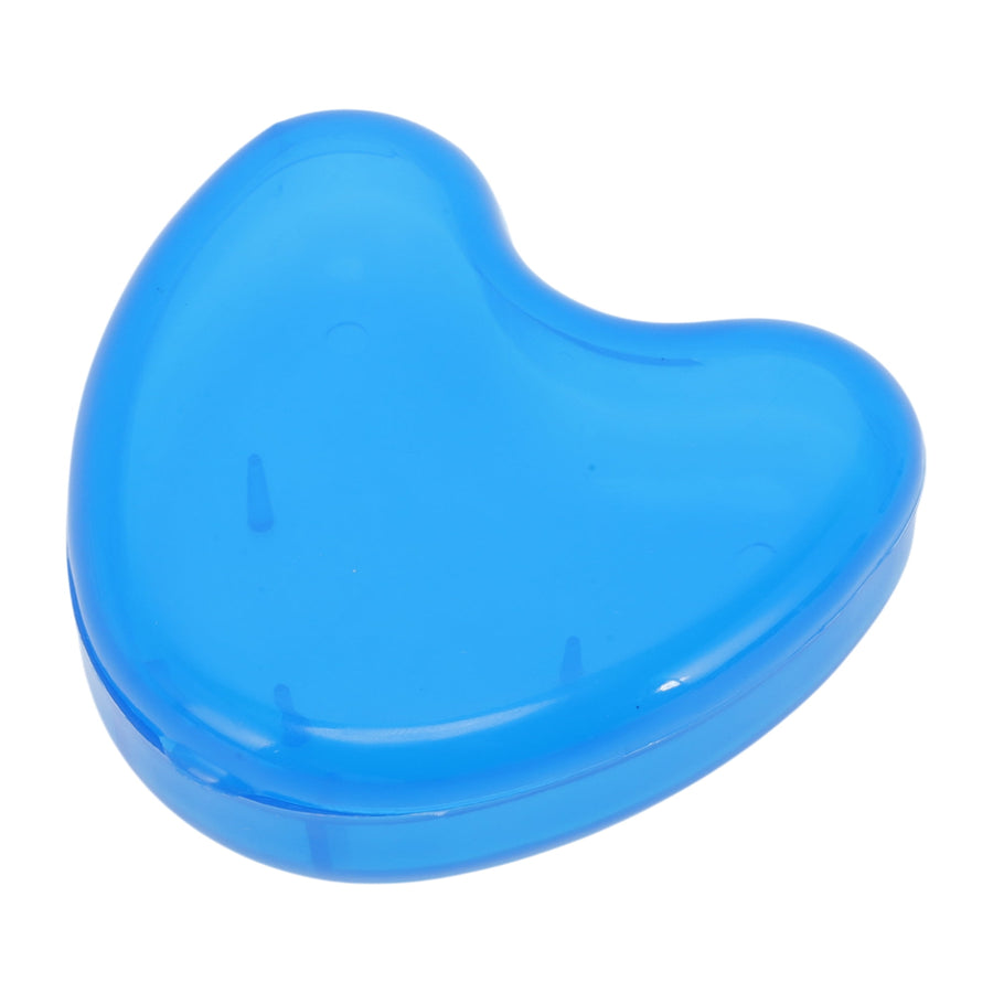 Translucent blue heart-shaped plastic case for storing dental braces or retainers, shown closed on white background.