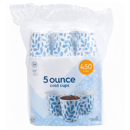 Clear plastic bag of 5 ounce disposable paper cold cups with blue leaf print and a visible orange 450 cups badge