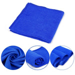 Folded bright blue microfiber cleaning cloth shown with three inset circular close-ups of the fabric and edges.