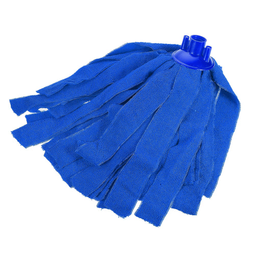 Close-up of a bright blue microfiber mop head with fabric strips and a plastic connector